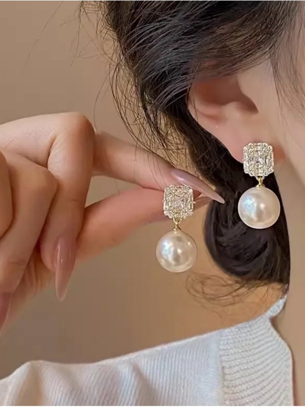 Gold Pearl Drop Earrings with Crystal Square Accent